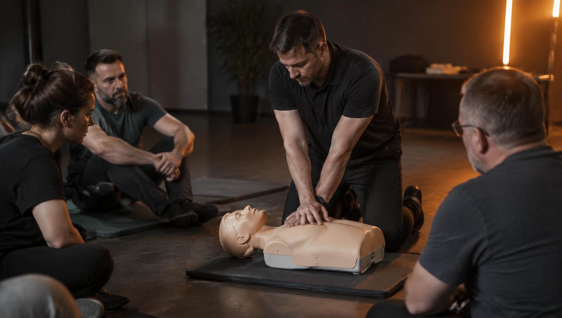 Erste-Hilfe-Kurs: Ausbilder demonstriert die Herzdruckmassage an einem Trainingsphantom